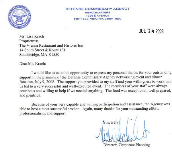Praise letter from the Department of Defense Commisary Agency