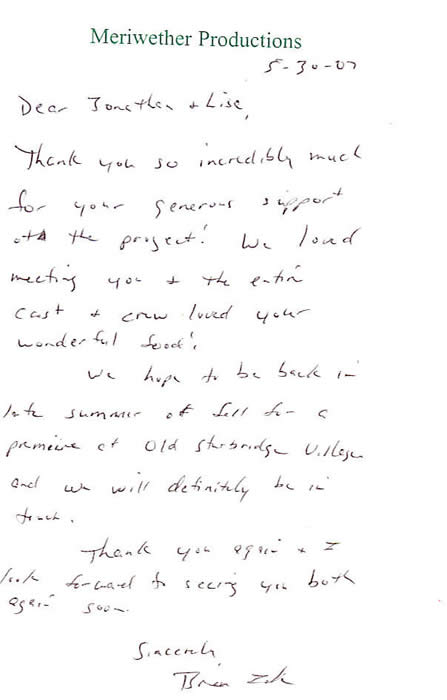 Merriweather Production Thank you letter for Catering at Old Sturbridge Village film of George Washington